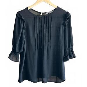 Loft Womens Top Small Black Round Neck 3/4 Sleeve Career